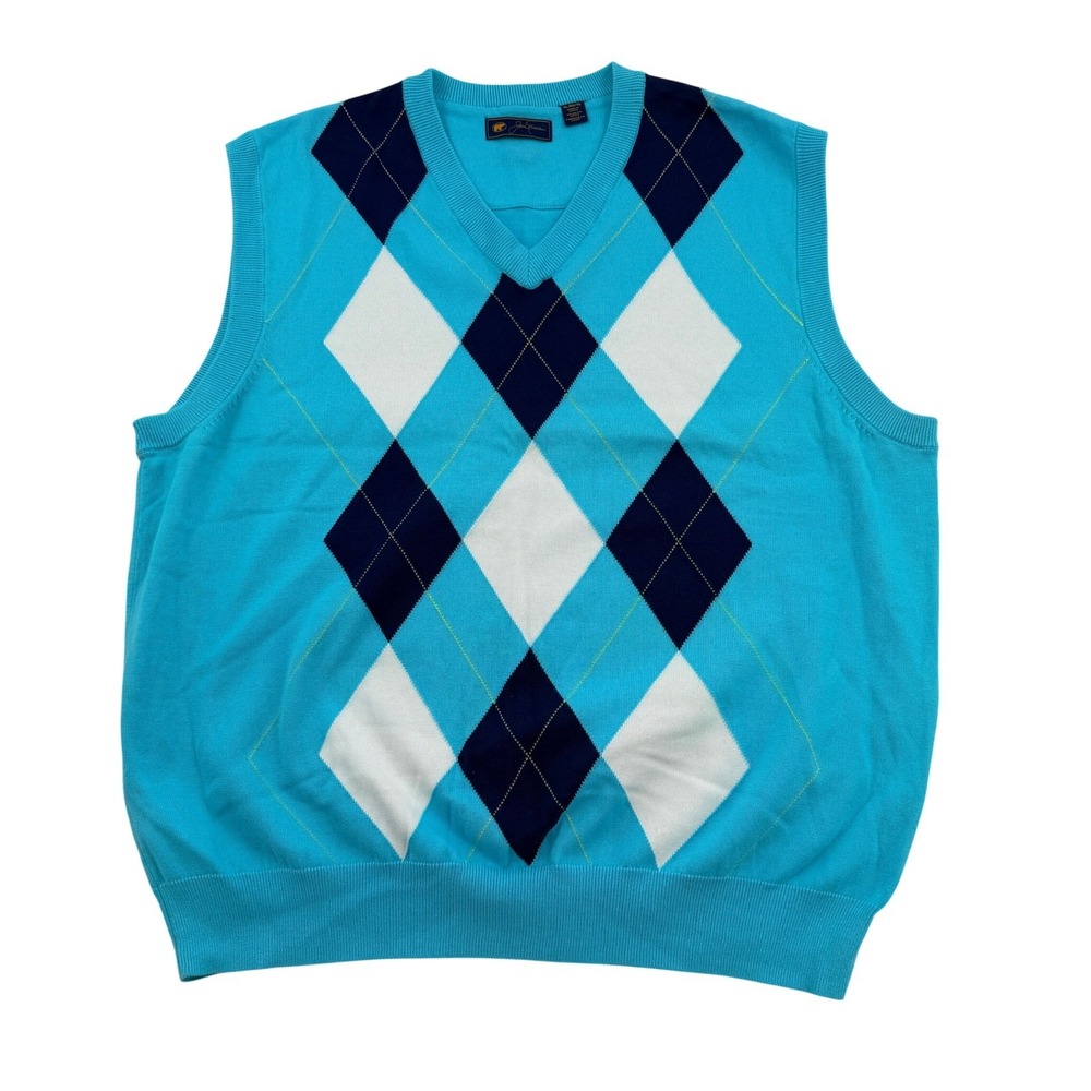 Jack Nicklaus Argyle Sweater Vest Blue Cotton V-Neck Golden Bear Preppy Mens XL